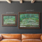 Impressionist garden scene with Japanese bridge and water lilies by Claude Monet in an ornate bronzed mahogany wood frame shown in multiple size options.