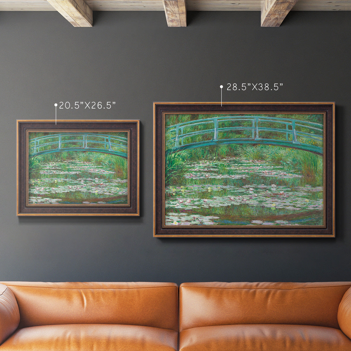 Impressionist garden scene with Japanese bridge and water lilies by Claude Monet in an ornate bronzed mahogany wood frame shown in multiple size options.