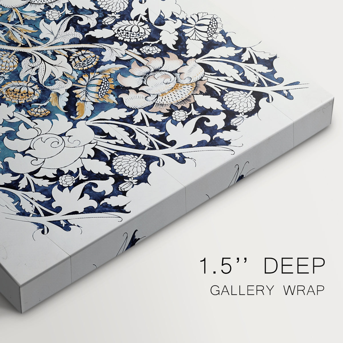 Canvas art print of a repeating floral design with flowing stems and scattered blossoms across light background, highlighting texture and gallery-wrapped edges
