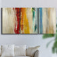Three-panel canvas wall art featuring abstract divided color hemisphere forms, displayed in a living room above a sofa.