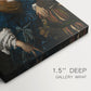 Close-up of a gallery-wrapped canvas corner showing a refined image with balanced figures and depth, highlighting texture and print detail.