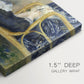 Close-up of a gallery-wrapped canvas corner showing a calm composition with a figure near the shoreline, highlighting texture and print detail.