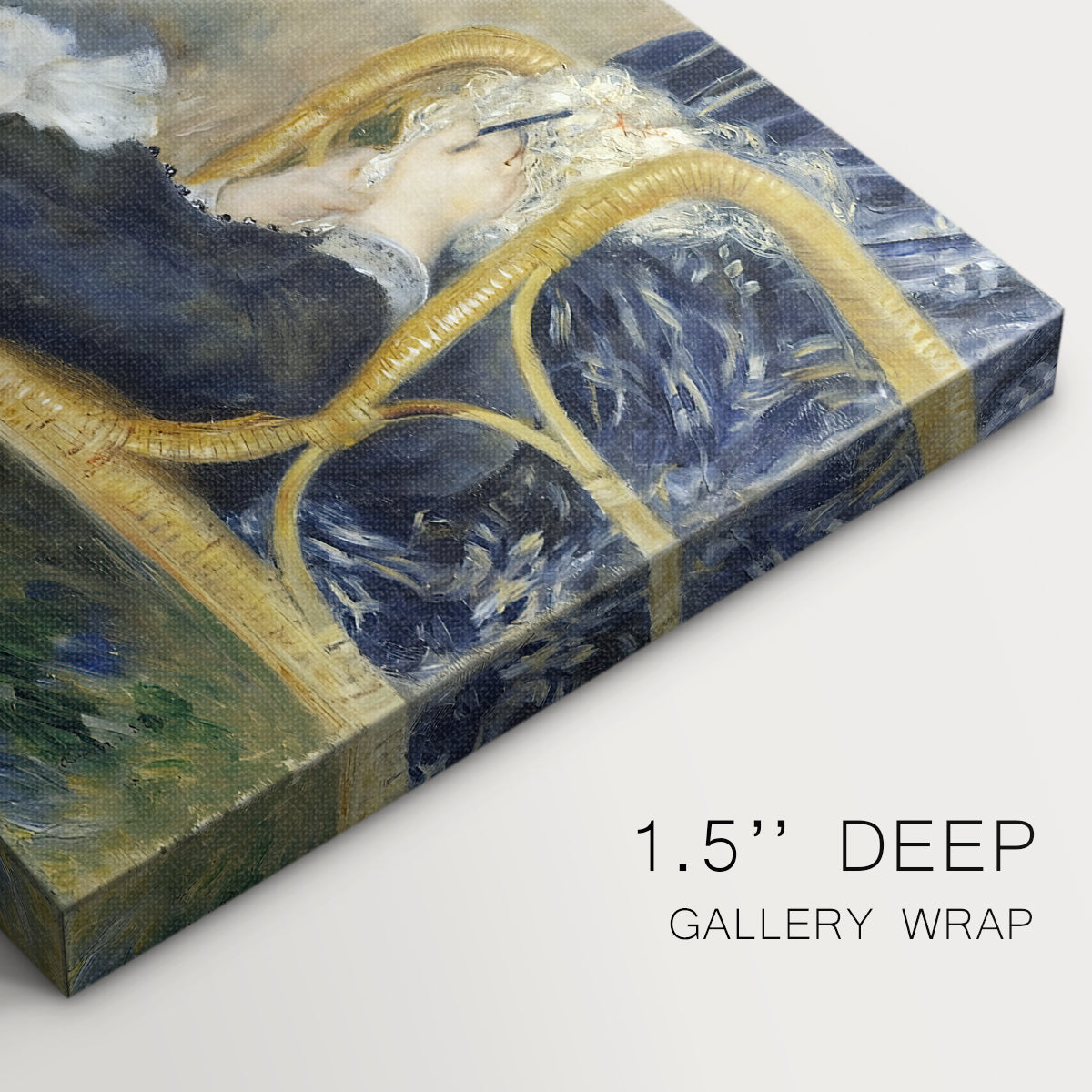 Close-up of a gallery-wrapped canvas corner showing a calm composition with a figure near the shoreline, highlighting texture and print detail.