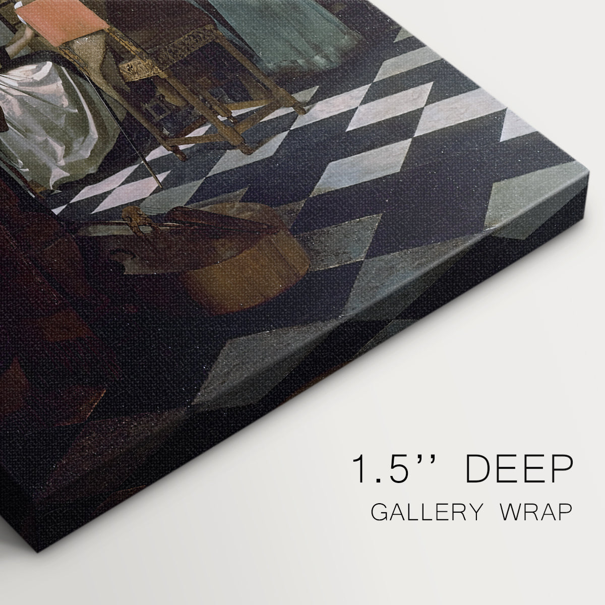 Close-up of a gallery-wrapped canvas corner showing a refined interior with subtle detail, highlighting texture and print detail.