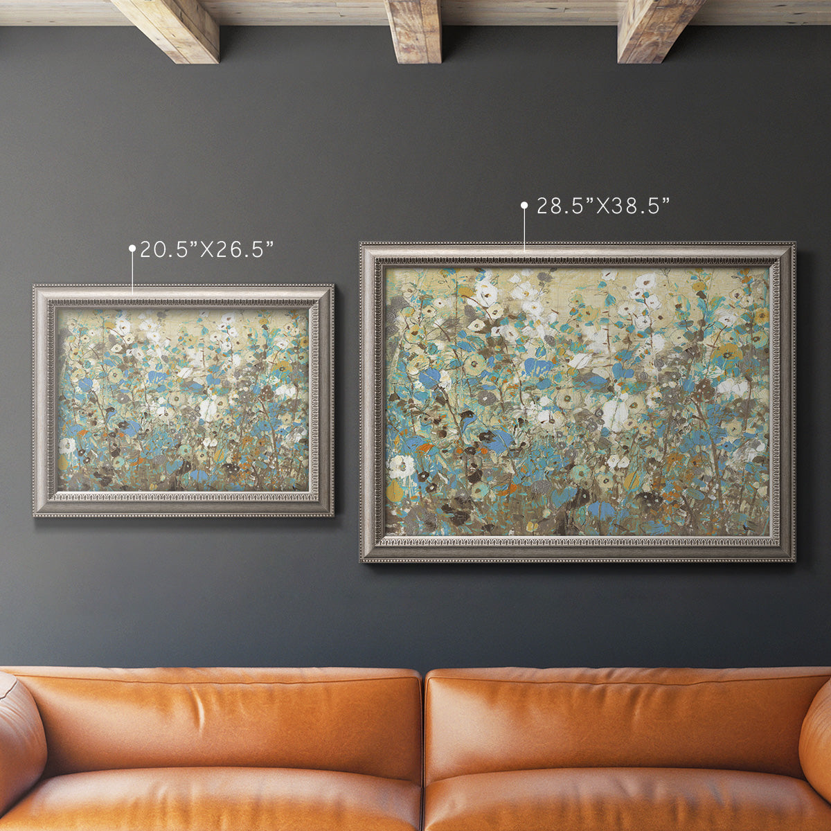 Impressionist flowering vine watercolor artwork in an ornate vintage silver frame shown in multiple size options.