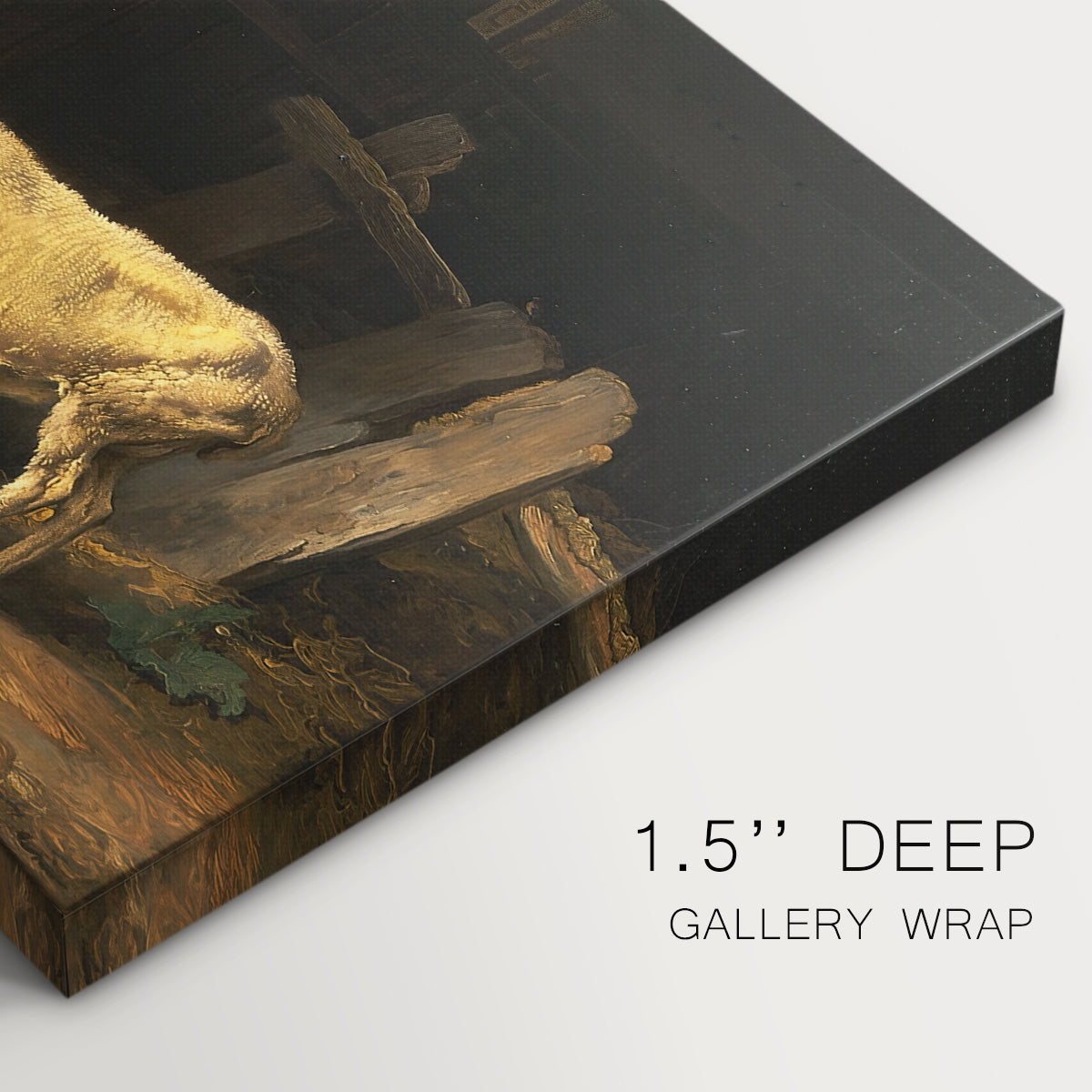 Canvas art print of a group of sheep gathered inside dimly lit stable interior, highlighting texture and gallery-wrapped edges