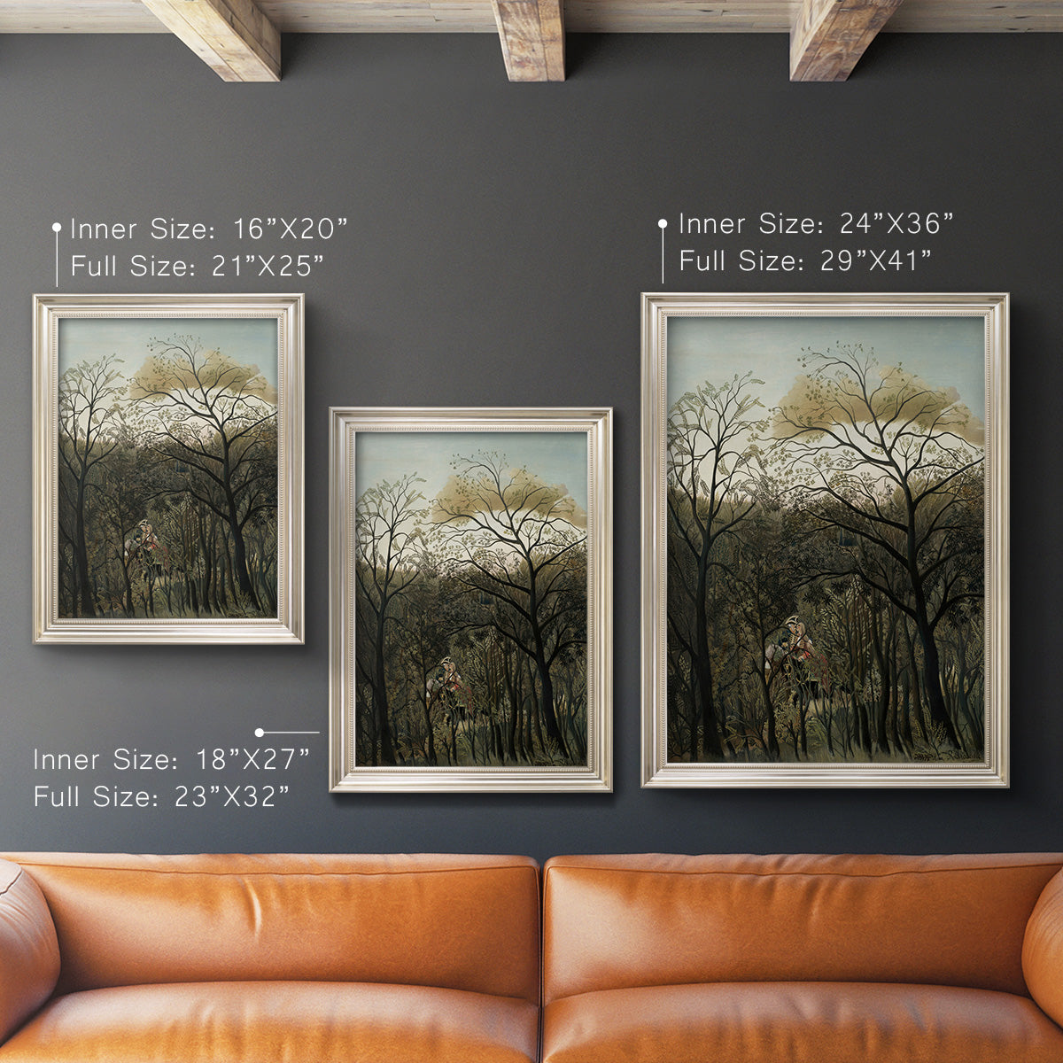 Dreamlike forest landscape scene by Henri Rousseau in an ornate champagne frame shown in multiple vertical size options.