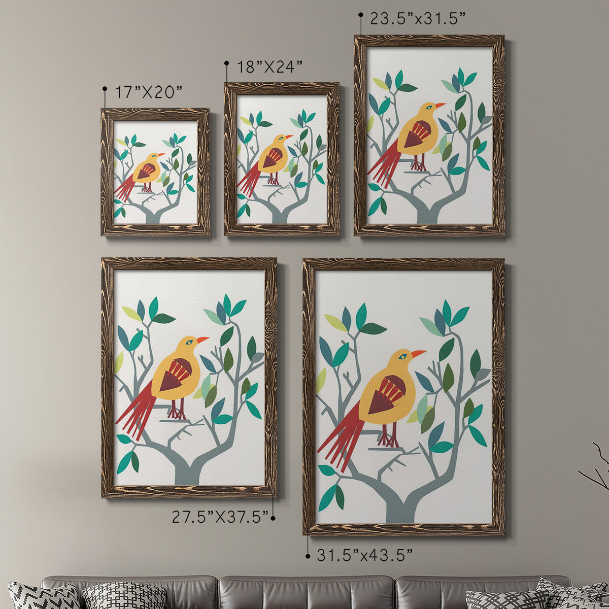 Size comparison chart for a set of two walnut barnwood framed canvas prints.