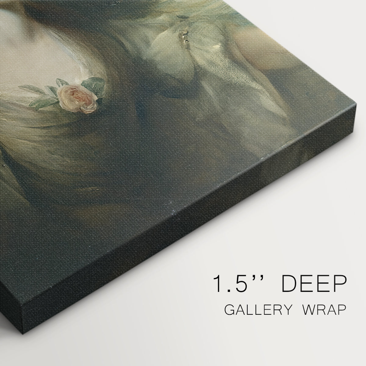 Close-up of a gallery-wrapped canvas corner showing a gentle composition with elegant posture, highlighting texture and print detail.
