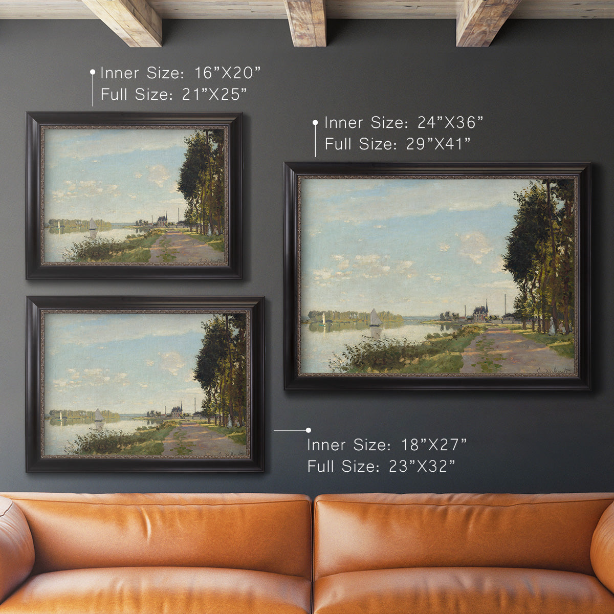 Impressionist river scene with red boats by Claude Monet in an ornate black frame with gilded inner detail shown in multiple size options.