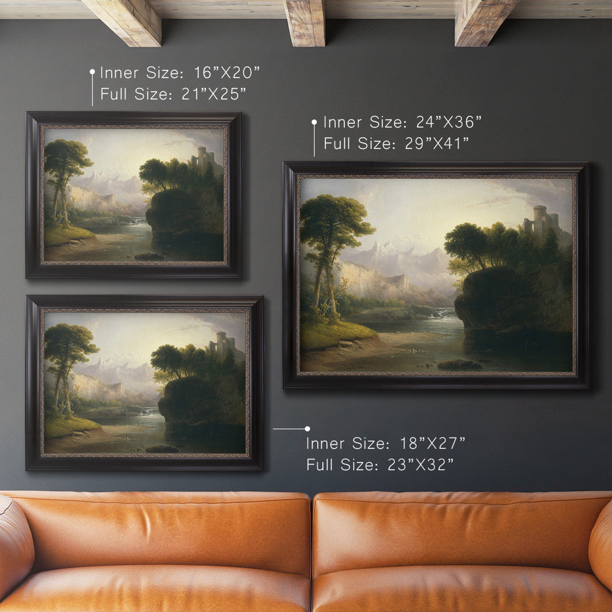 Romantic autumn landscape along the Hudson River by Thomas Doughty in an ornate black frame with gilded inner detail shown in multiple size options.