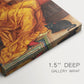 Close-up of a gallery-wrapped canvas corner showing a dramatic interior with a central figure and vivid color, highlighting texture and print detail.