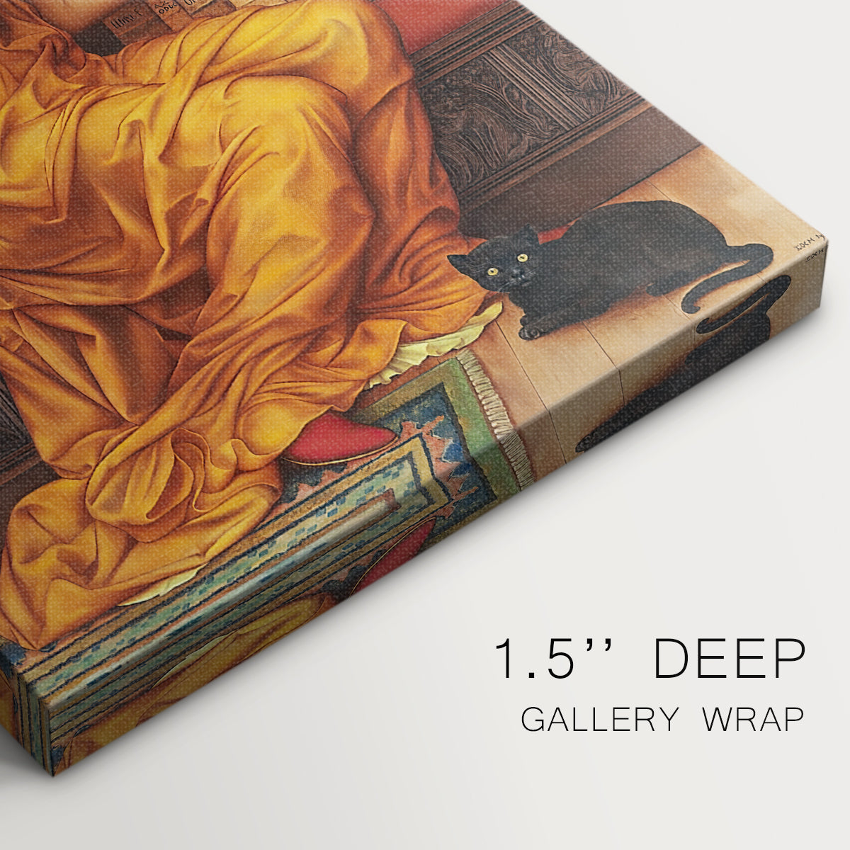 Close-up of a gallery-wrapped canvas corner showing a dramatic interior with a central figure and vivid color, highlighting texture and print detail.