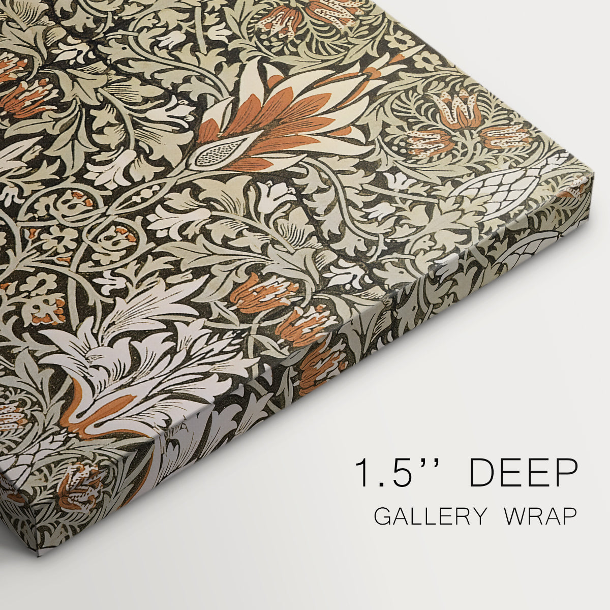 Canvas art print of a repeating floral pattern with dark background and warm-toned plant forms, highlighting texture and gallery-wrapped edges