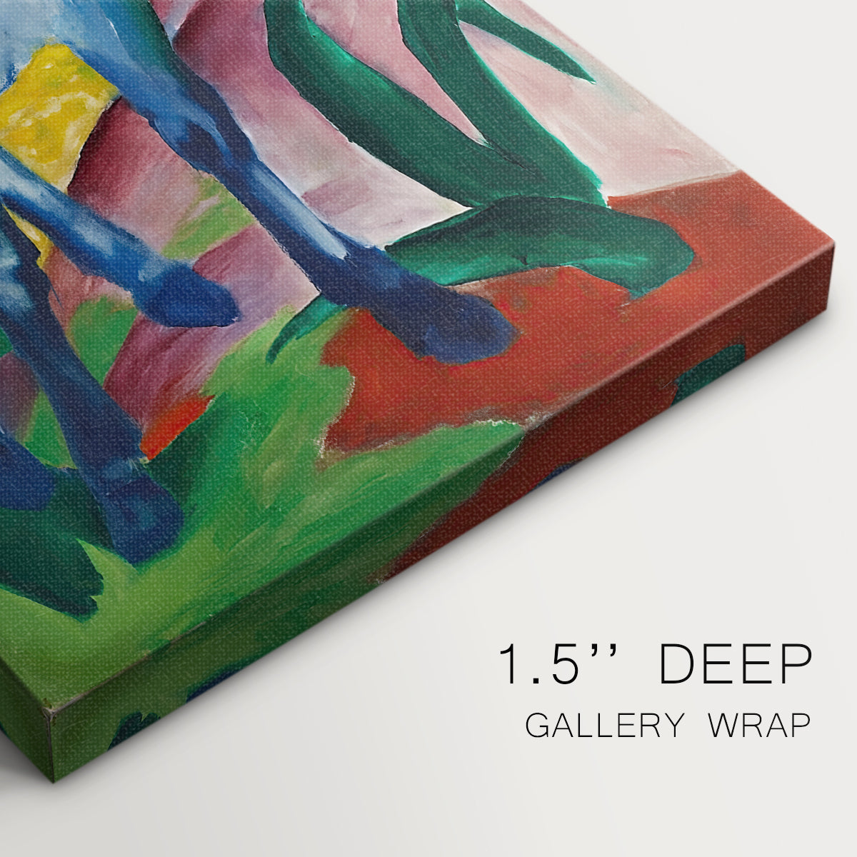 Close-up of a gallery-wrapped canvas corner showing an abstract animal portrait with strong color emphasis, highlighting texture and print detail.
