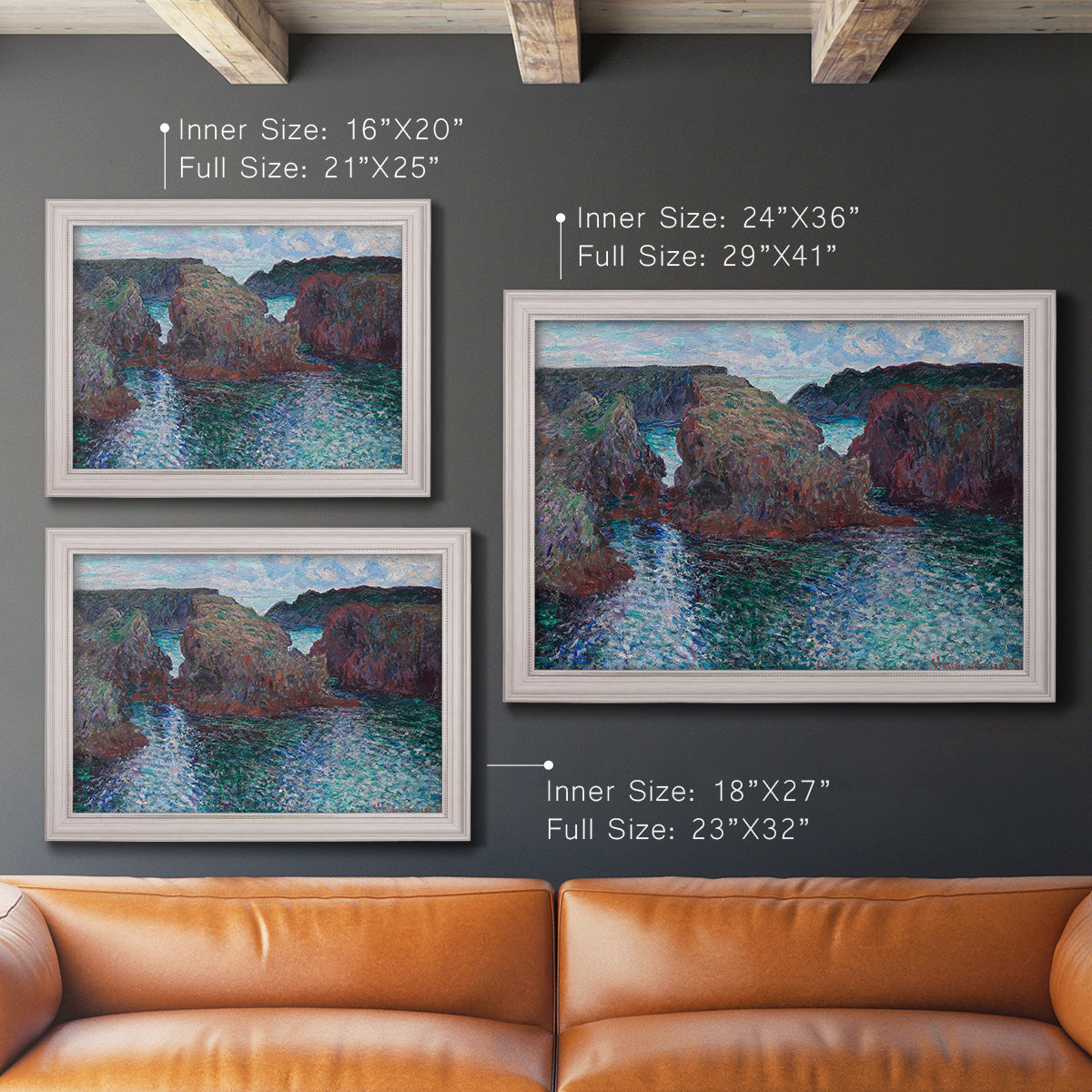 Impressionist rocky seascape by Claude Monet in an ornate weathered white frame shown in multiple size options.