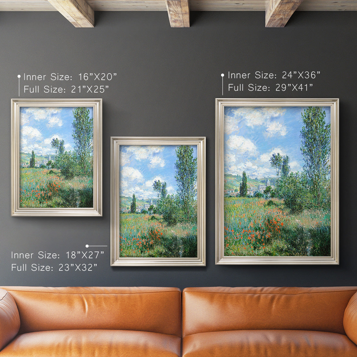 Impressionist pastoral landscape with poppy fields by Claude Monet in an ornate champagne frame shown in multiple vertical size options.