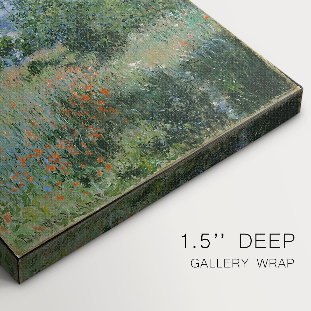 Close-up of a gallery-wrapped canvas corner showing a calm countryside view with soft color transitions, highlighting texture and print detail.