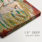 Close-up of a gallery-wrapped canvas corner showing a vivid interior scene with a reclining figure, highlighting texture and print detail.