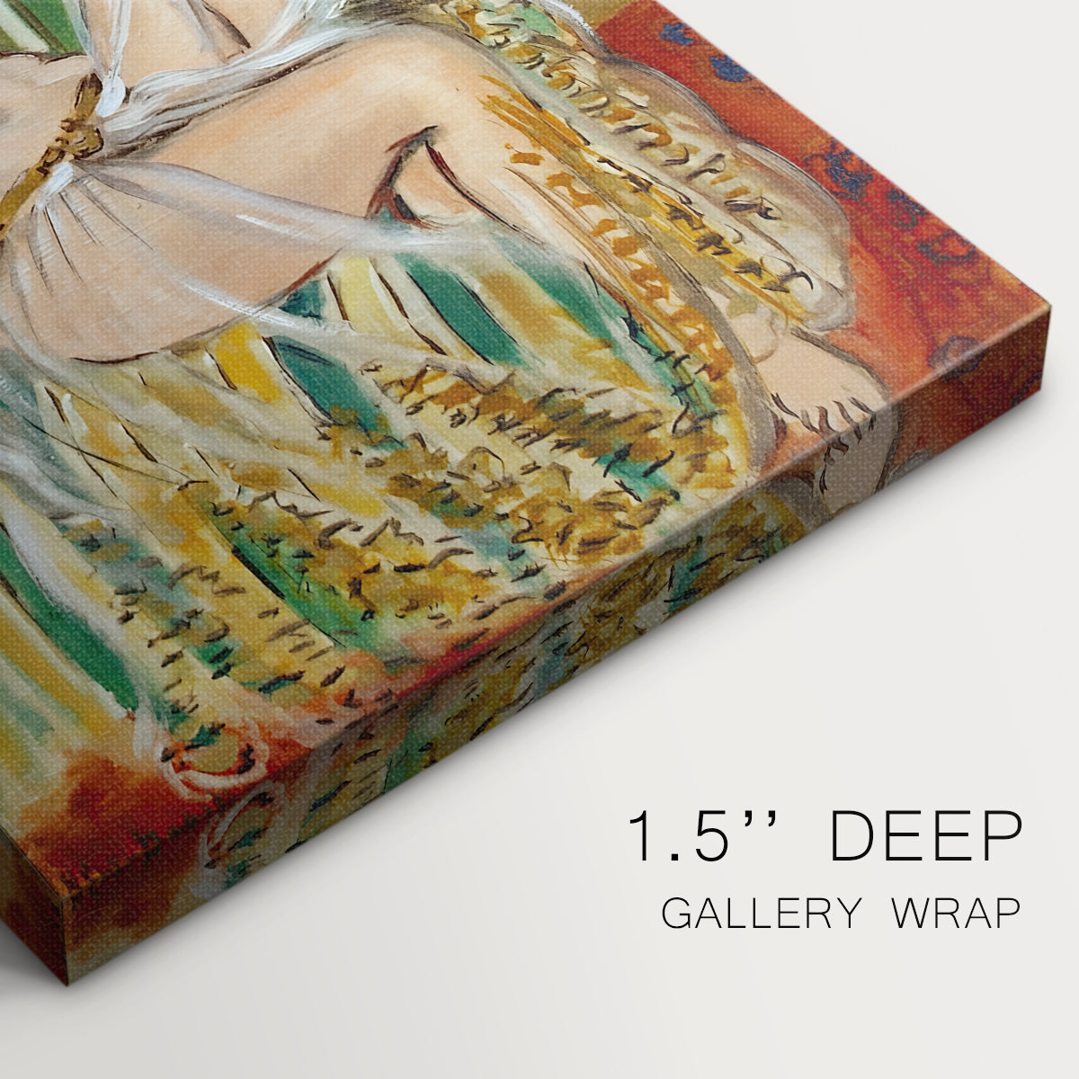 Close-up of a gallery-wrapped canvas corner showing a vivid interior scene with a reclining figure, highlighting texture and print detail.