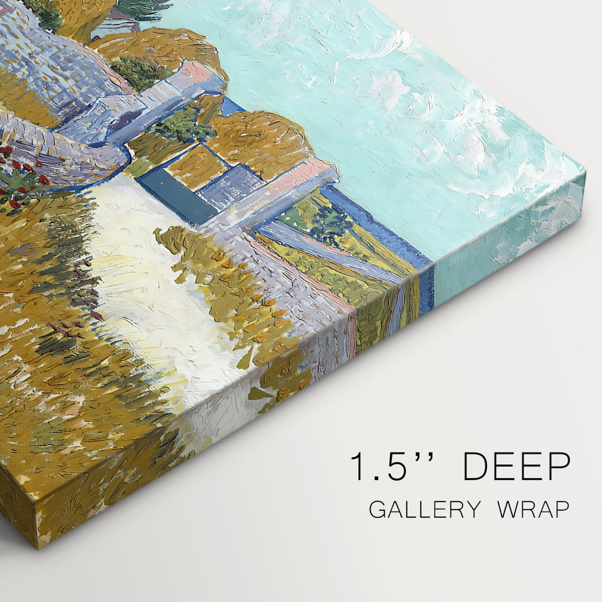 Canvas art print of a small farmhouse surrounded by yellow field and trees under blue sky, highlighting texture and gallery-wrapped edges