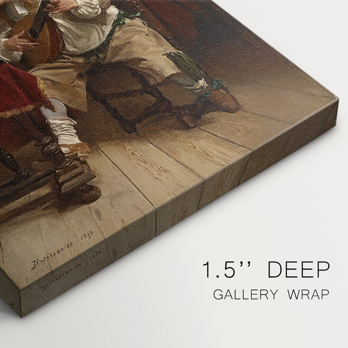 Close-up of a gallery-wrapped canvas corner showing a calm composition with a seated figure and instrument, highlighting texture and print detail.