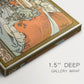 Close-up of a gallery-wrapped canvas corner showing a classic print combining portrait and branding elements, highlighting texture and print detail.