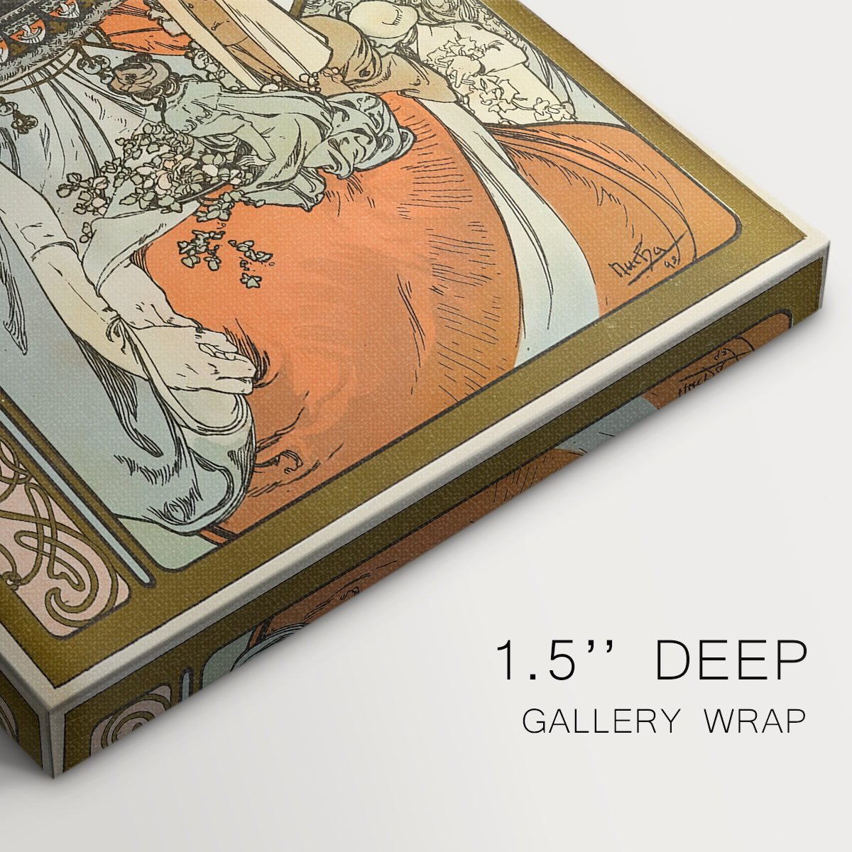 Close-up of a gallery-wrapped canvas corner showing a classic print combining portrait and branding elements, highlighting texture and print detail.