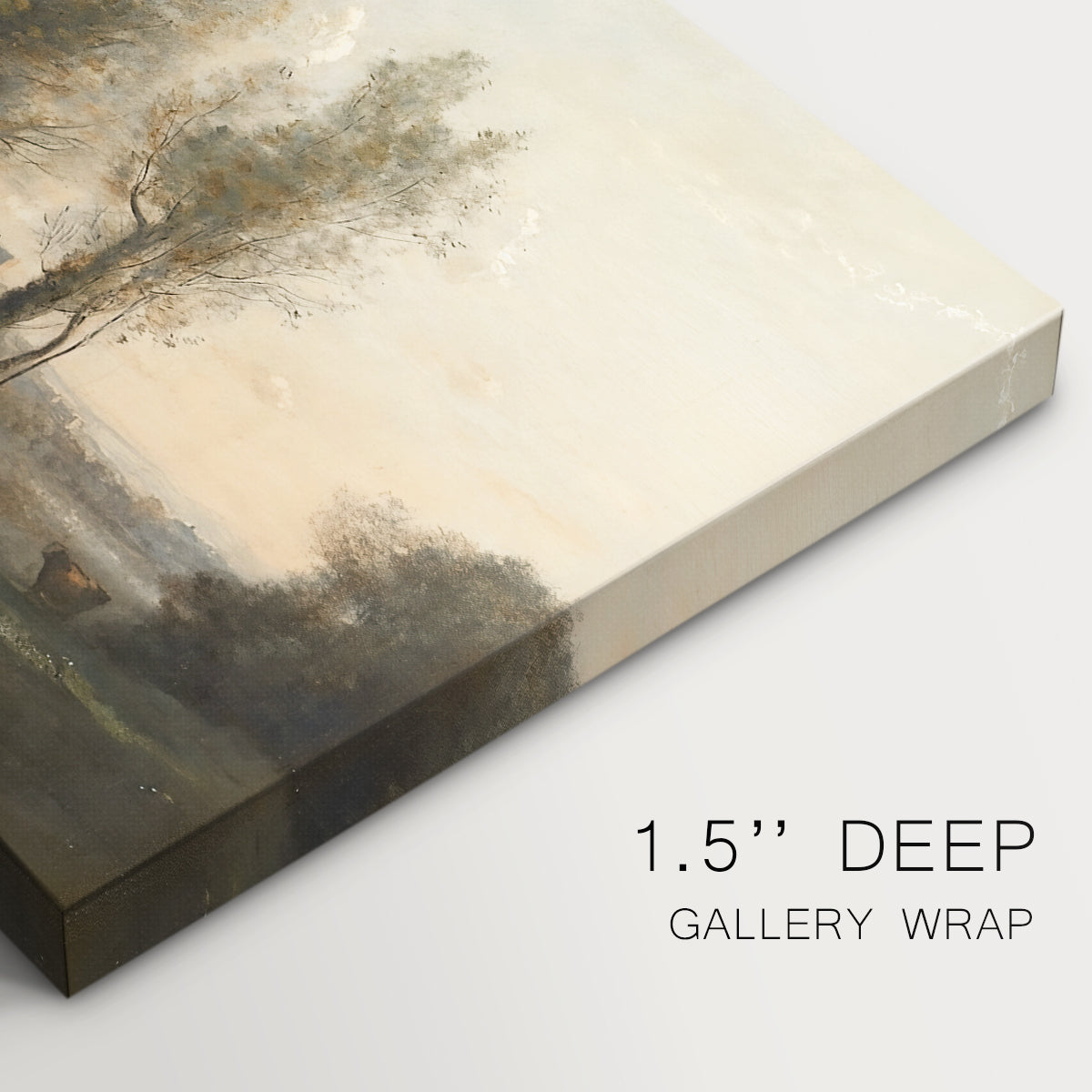 Canvas art print of an expansive landscape with sparse trees and open ground under soft light, highlighting texture and gallery-wrapped edges