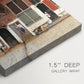 Close-up of a gallery-wrapped canvas corner showing a structured composition with brick textures and depth, highlighting texture and print detail.