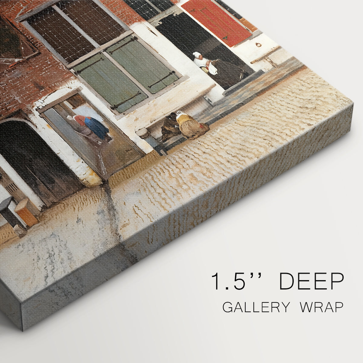 Close-up of a gallery-wrapped canvas corner showing a structured composition with brick textures and depth, highlighting texture and print detail.