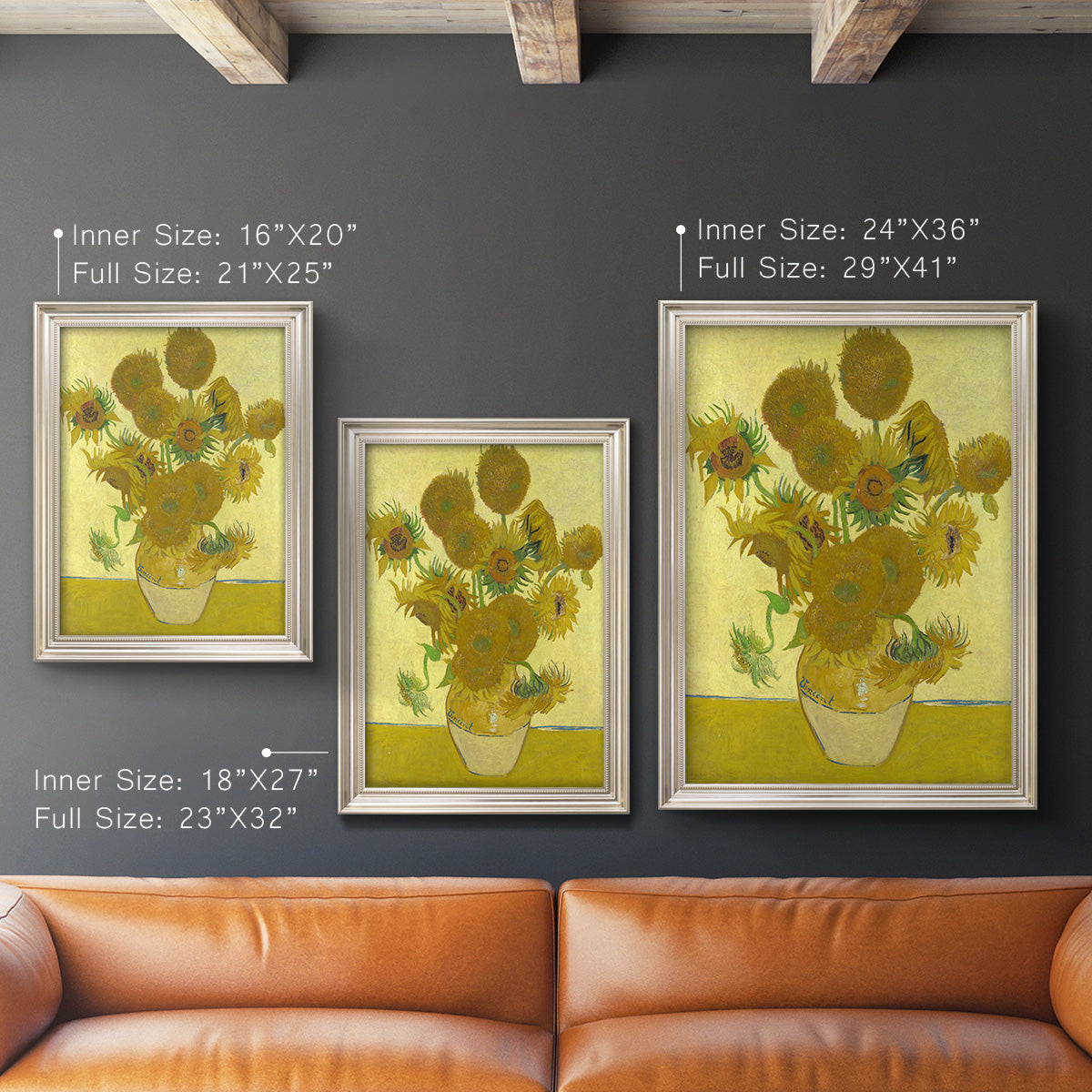 Impressionist sunflower still life painting by Vincent van Gogh in an ornate champagne frame shown in multiple vertical size options.