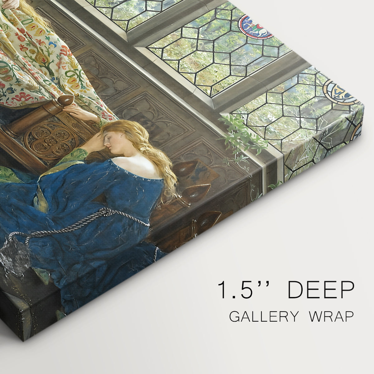 Canvas art print of a reclining female figure indoors in decorative setting, highlighting texture and gallery-wrapped edges