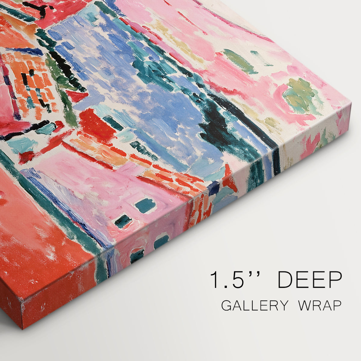 Canvas art print of a colorful coastal townscape with buildings, water, and bright rooftops, highlighting texture and gallery-wrapped edges