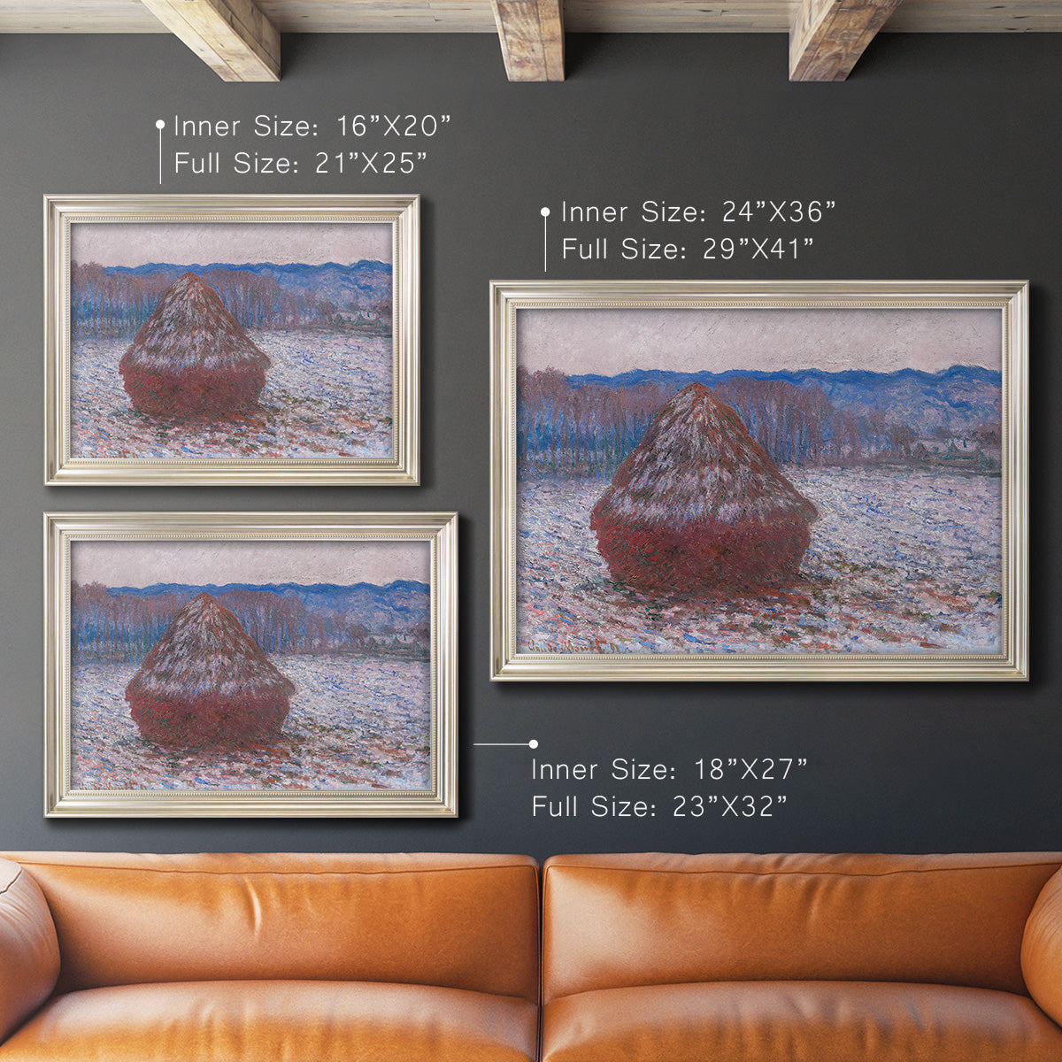 Impressionist single haystack landscape by Claude Monet in an ornate champagne frame shown in multiple size options.