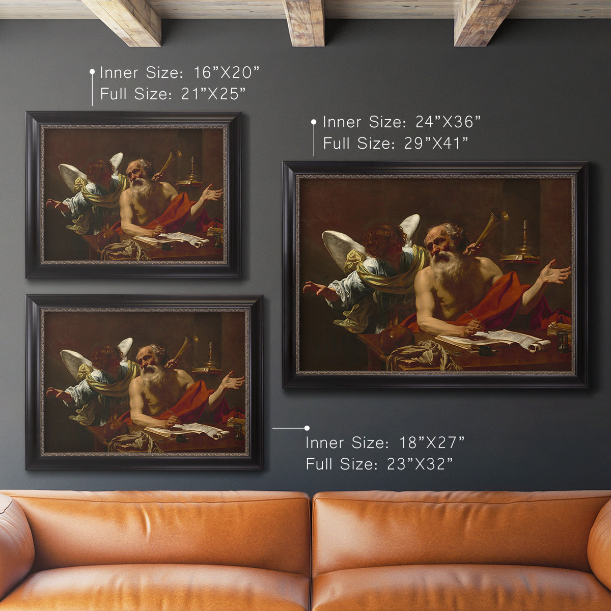 Classical religious painting of Saint Jerome with an angel by Simon Vouet in an ornate black frame with gilded inner detail shown in multiple size options.