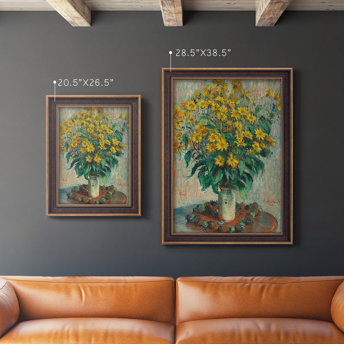 Impressionist floral painting of artichoke flowers by Claude Monet in an ornate bronzed mahogany wood frame shown in multiple vertical size options.