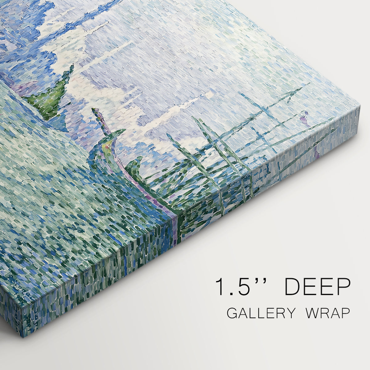 Canvas art print of a skyline with minarets rising above waterfront and boats, highlighting texture and gallery-wrapped edges
