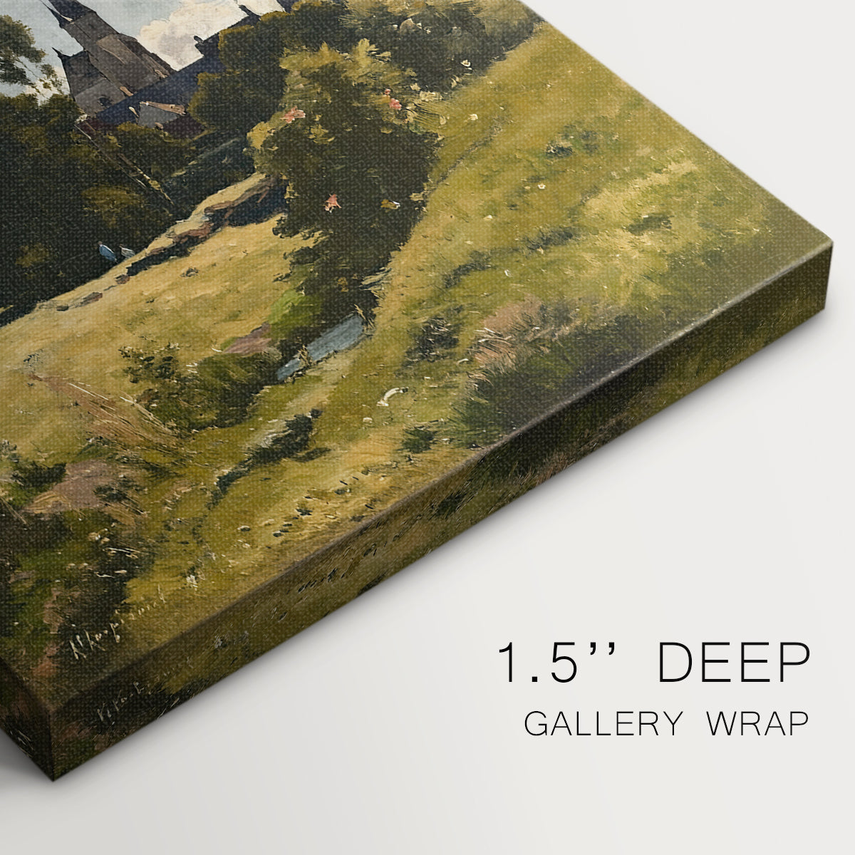Close-up of a gallery-wrapped canvas corner showing a balanced landscape with soft light and detail, highlighting texture and print detail.