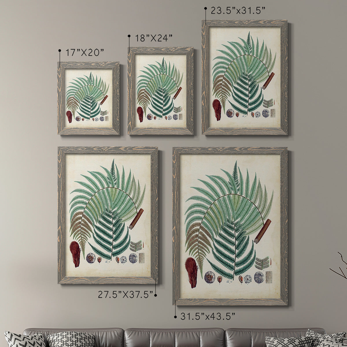 Size comparison chart for a set of two gray barnwood framed canvas prints.