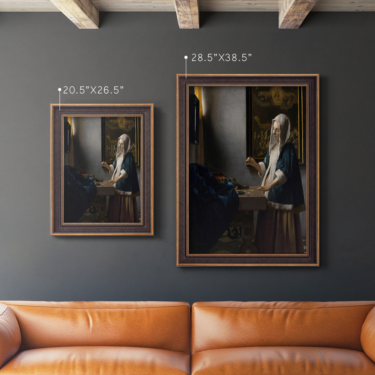 Quiet interior genre scene of a woman with scales by Johannes Vermeer in an ornate bronzed mahogany wood frame shown in multiple vertical size options.