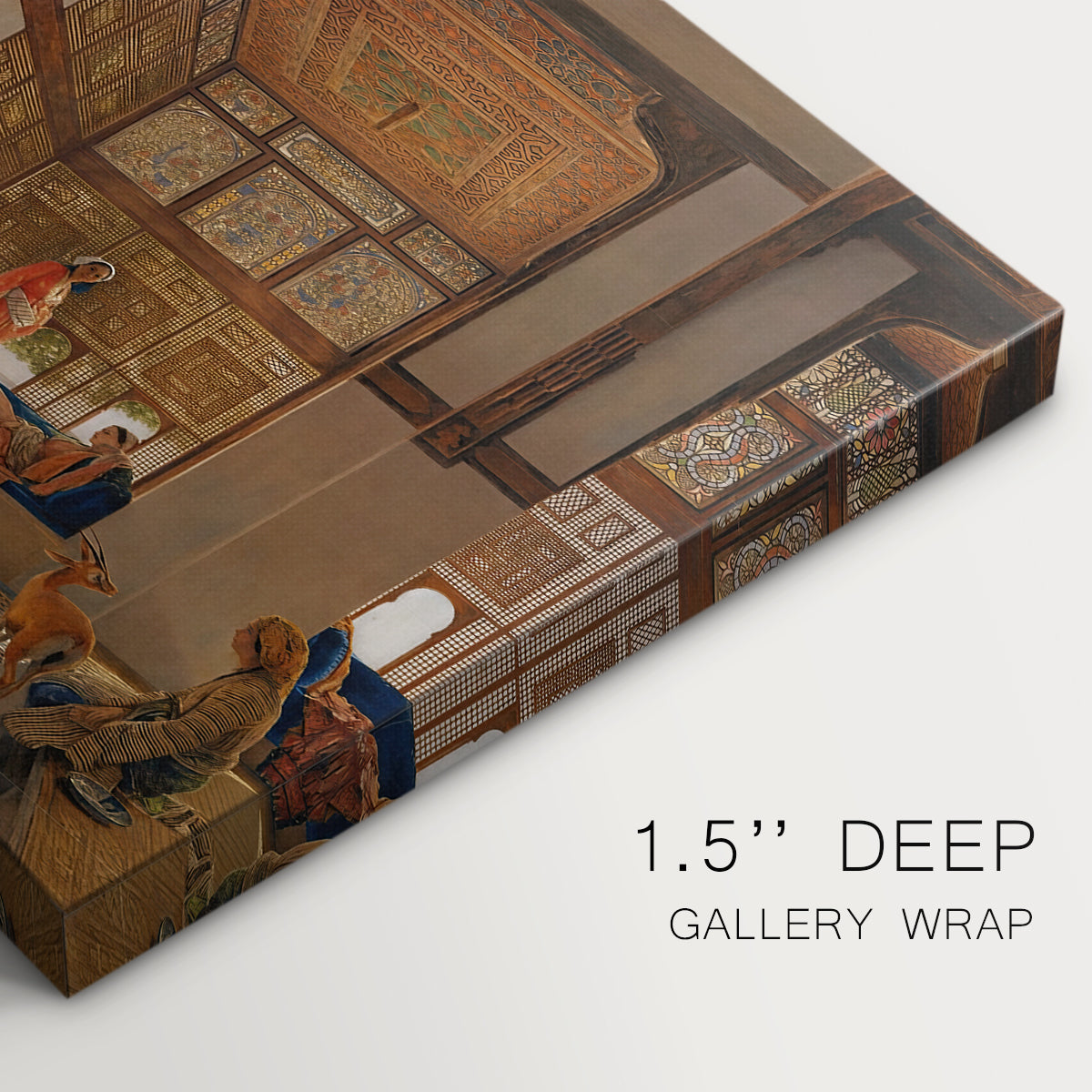 Canvas art print of an interior scene with woman receiving guests in ornate room, highlighting texture and gallery-wrapped edges