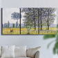 Three-panel canvas wall art featuring sunlight filtering through tall poplars, displayed in a living room above a sofa.