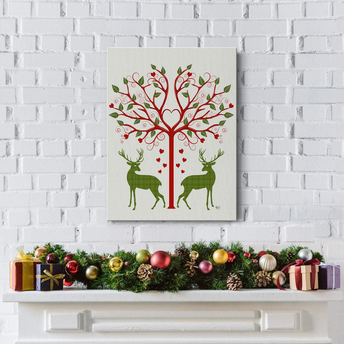 Christmas Des - Deer and Heart Tree, On Cream Premium Gallery Wrapped Canvas - Ready to Hang