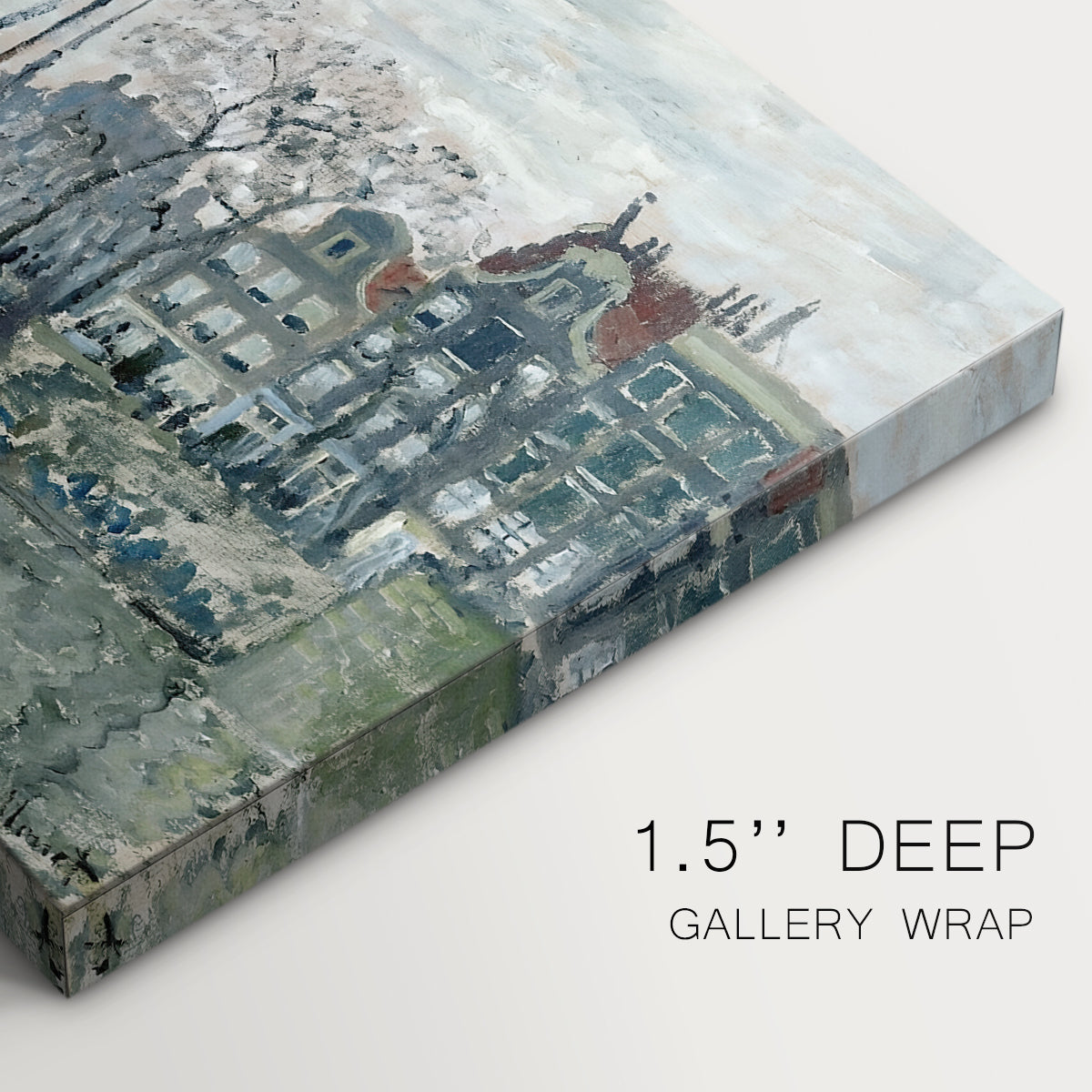 Canvas art print of a canal scene with boats and buildings lining waterfront in Amsterdam, highlighting texture and gallery-wrapped edges
