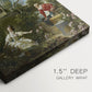 Close-up of a gallery-wrapped canvas corner showing a delicate scene with figures and natural surroundings, highlighting texture and print detail.
