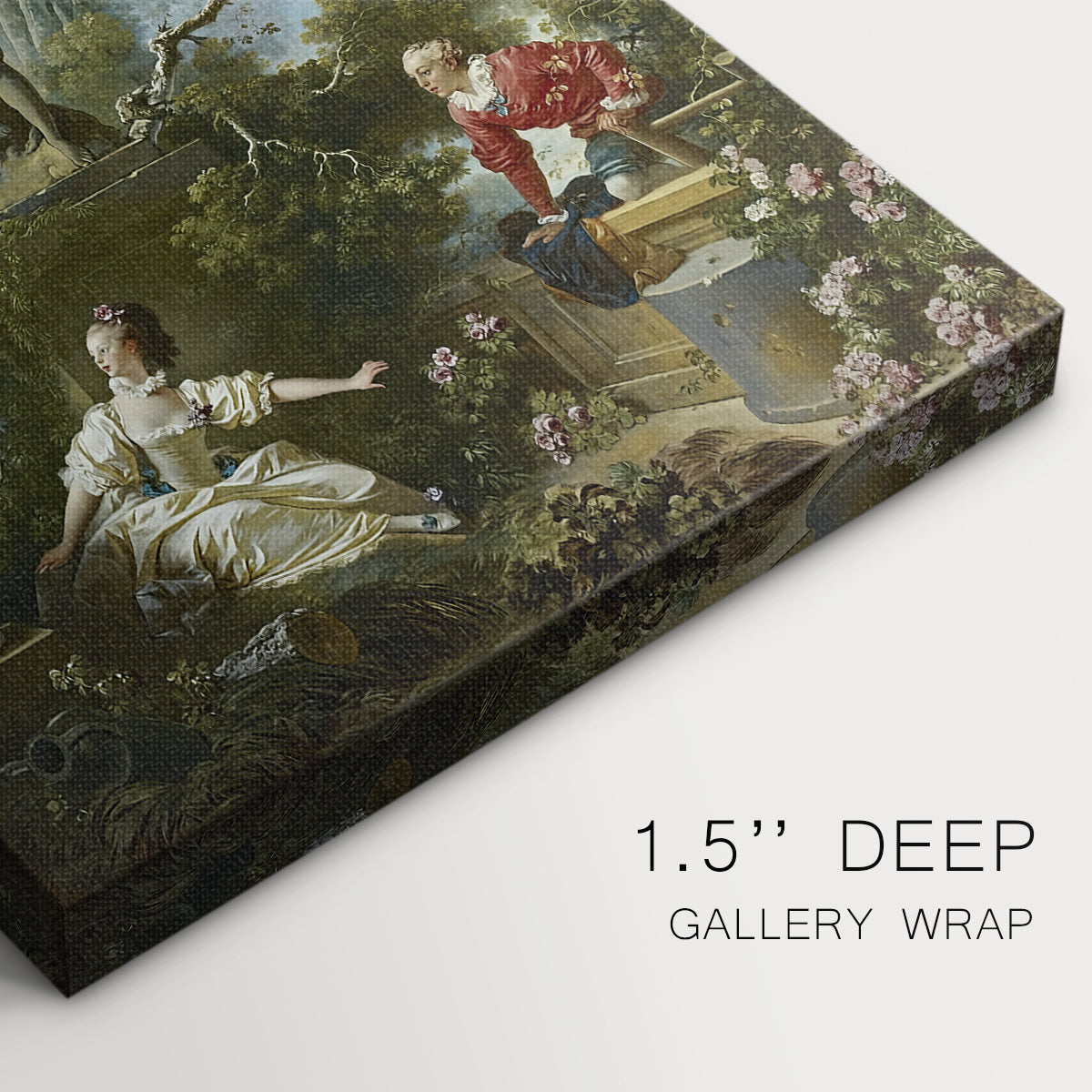Close-up of a gallery-wrapped canvas corner showing a delicate scene with figures and natural surroundings, highlighting texture and print detail.