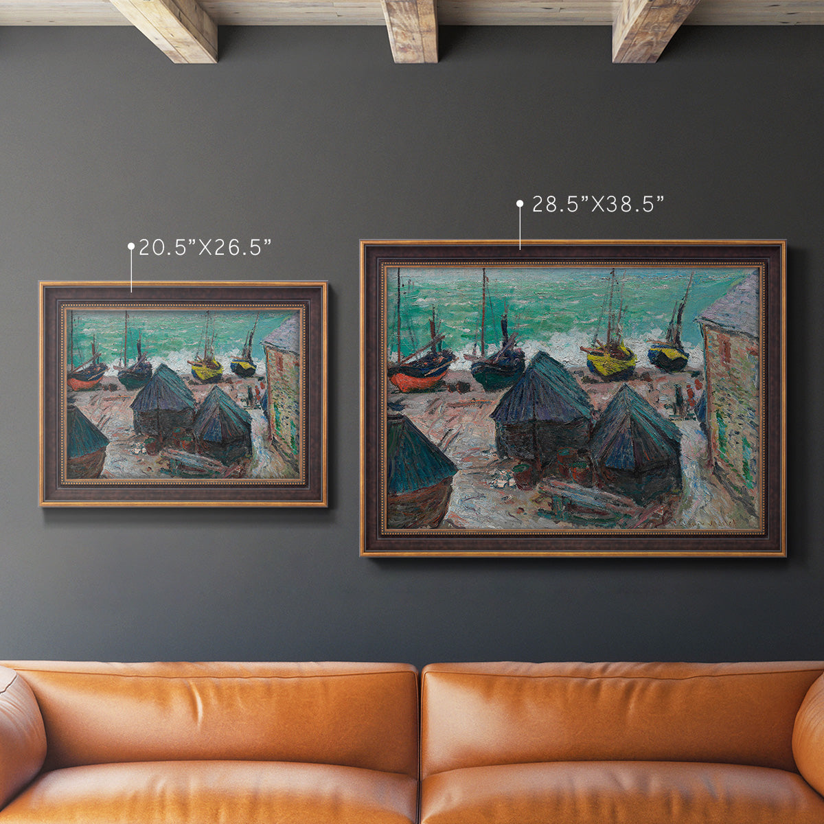 Impressionist coastal beach scene with boats by Claude Monet in an ornate bronzed mahogany wood frame shown in multiple size options.