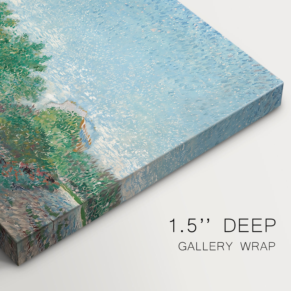 Canvas art print of an urban park with paths, trees, and figures under open sky, highlighting texture and gallery-wrapped edges
