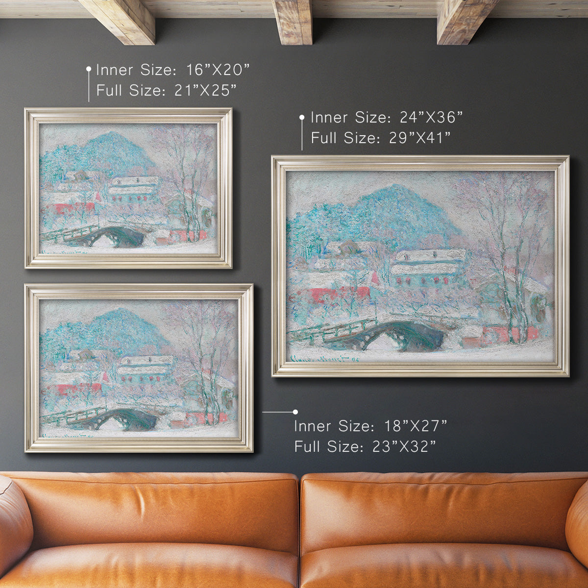 Impressionist coastal village landscape in Norway by Claude Monet in an ornate champagne frame shown in multiple size options.